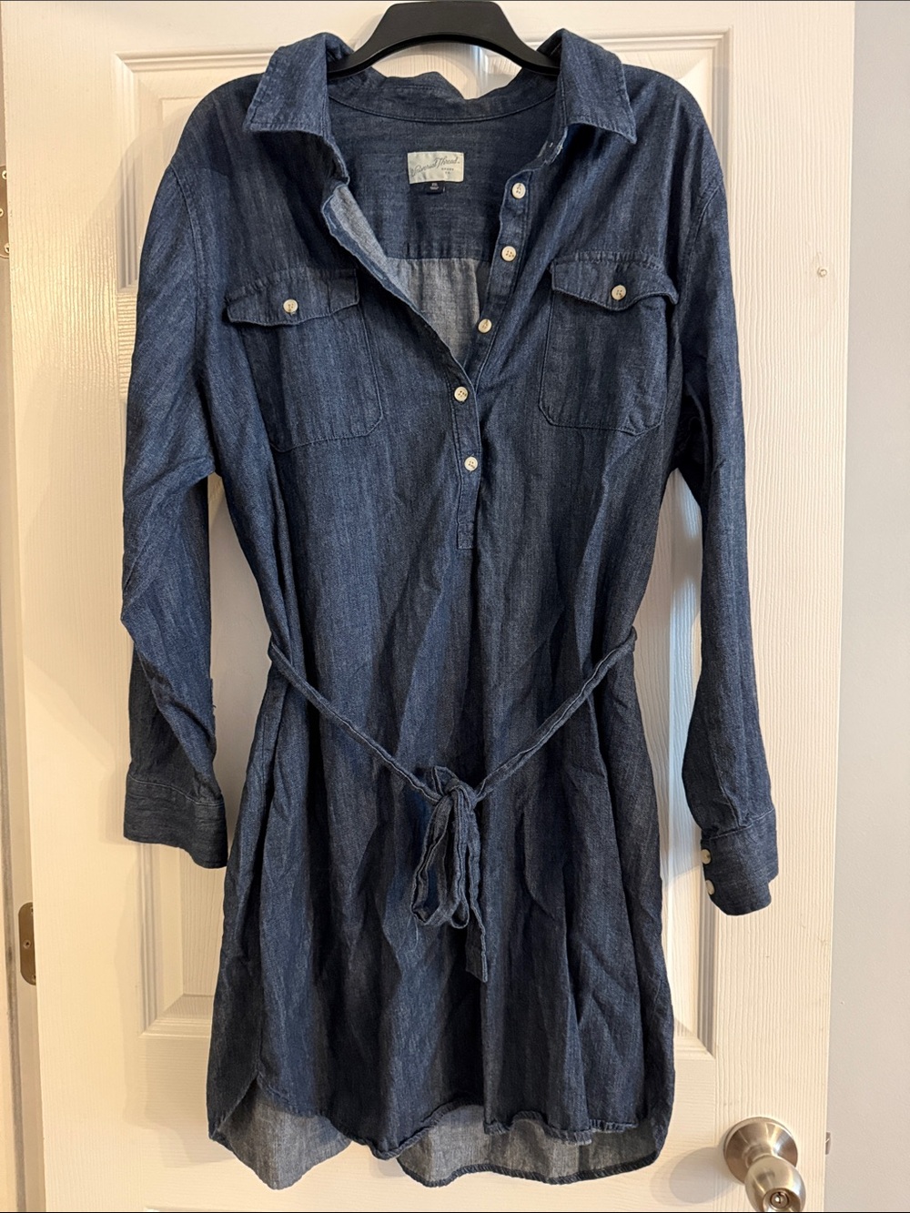 Universal Thread Dark Blue Long-Sleeve Denim Shirt Dress with Tie Waist